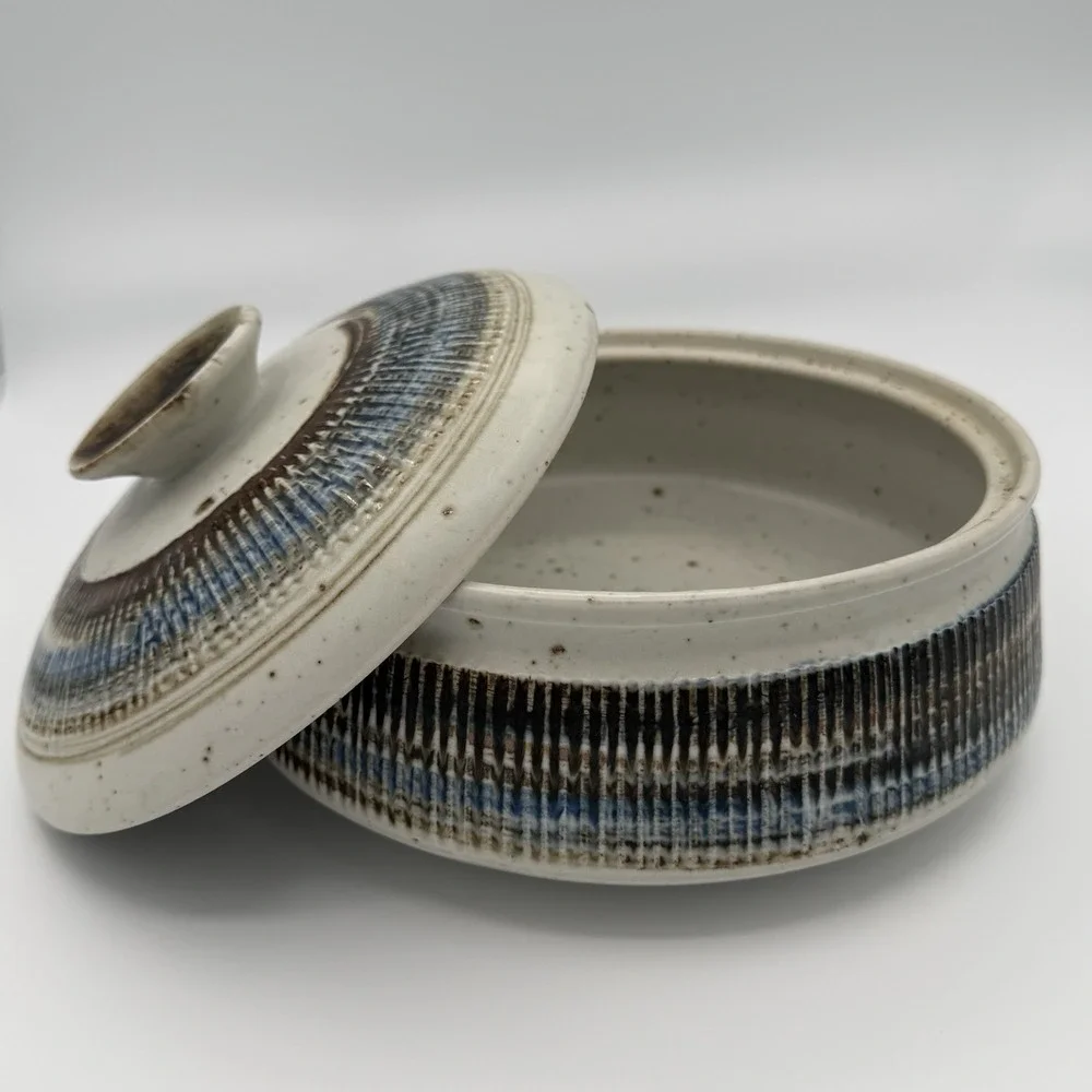 Vintage Japanese Stoneware Casserole Otagiri Style Blue Brown Ribbed Fork MCM